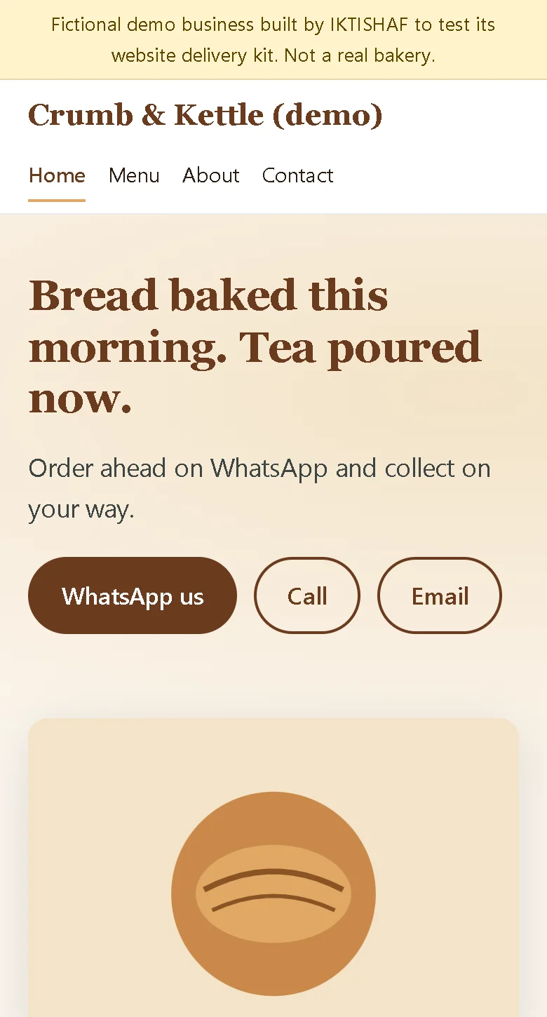 Screenshot of a demo website built with the IKTISHAF delivery kit for Crumb & Kettle, a fictional bakery.